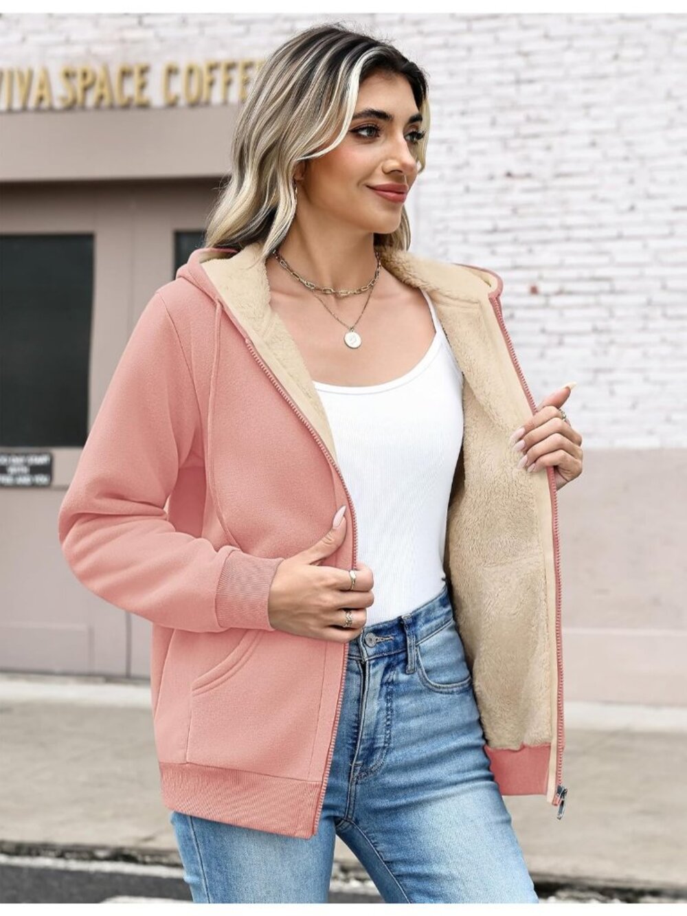 Women's Pink Fleece Lined Drawstring Hooded Kangaroo Casual Winter Jackets - Picture 3 of 6